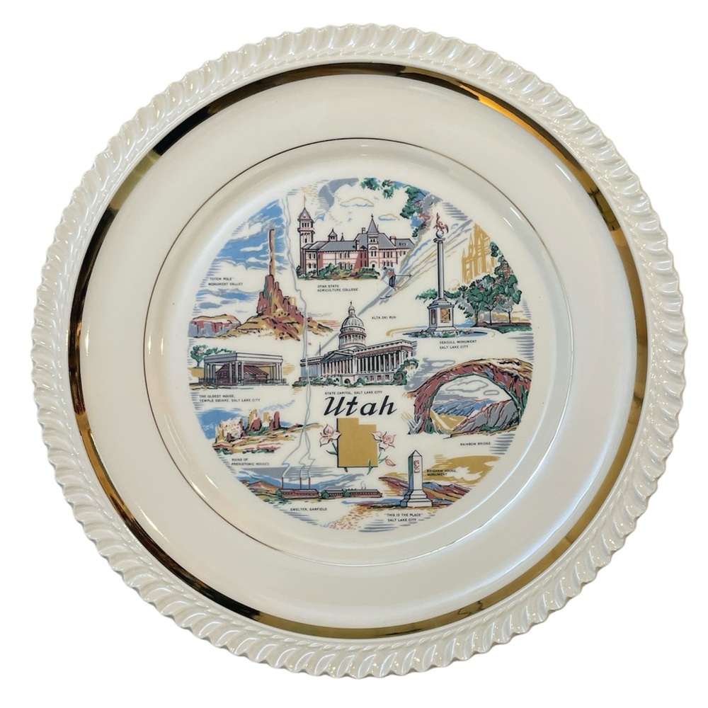 Vintage Utah Souvenir Decorative Collector Plate Gold Trim Landmarks